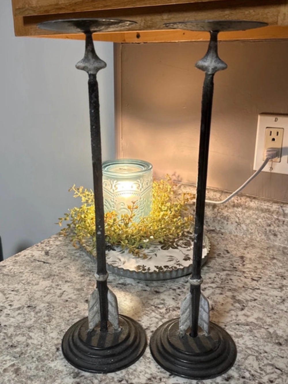 Pair of 15" tall rustic arrow pillar candle stick holders